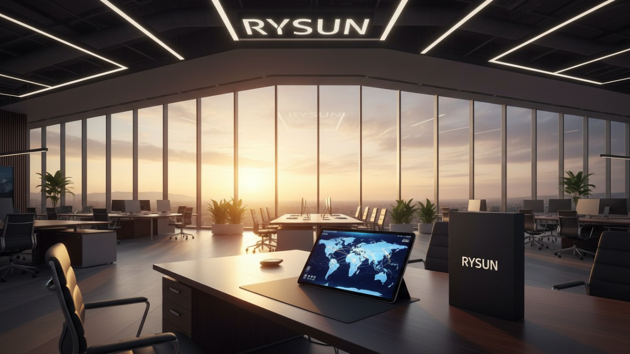 An inspiring sunrise view of a business office with a RYSUN branded package on a desk symbolizing global success and growth.