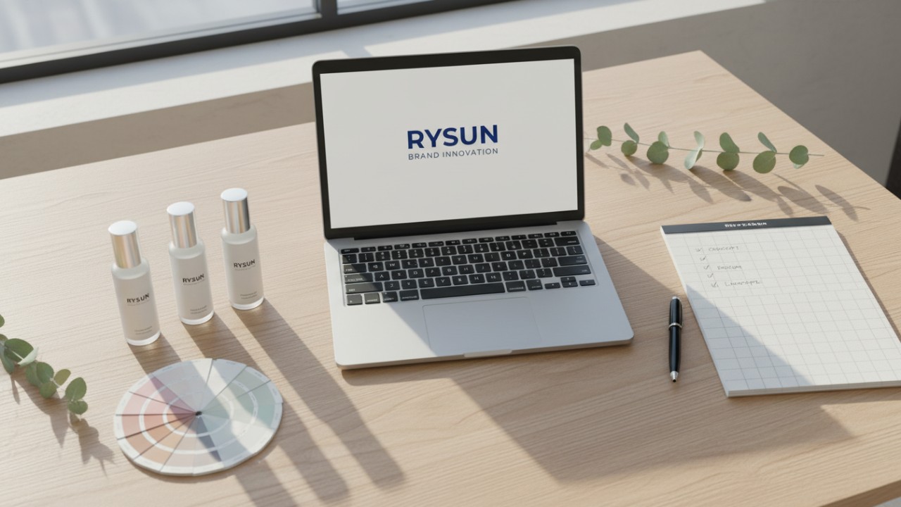 An organized branding workspace with a laptop screen showing the RYSUN logo and various product prototypes.
