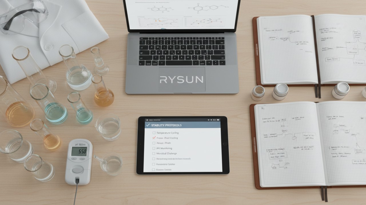 An organized chemist workspace featuring formulation tools and a laptop with the RYSUN brand name.