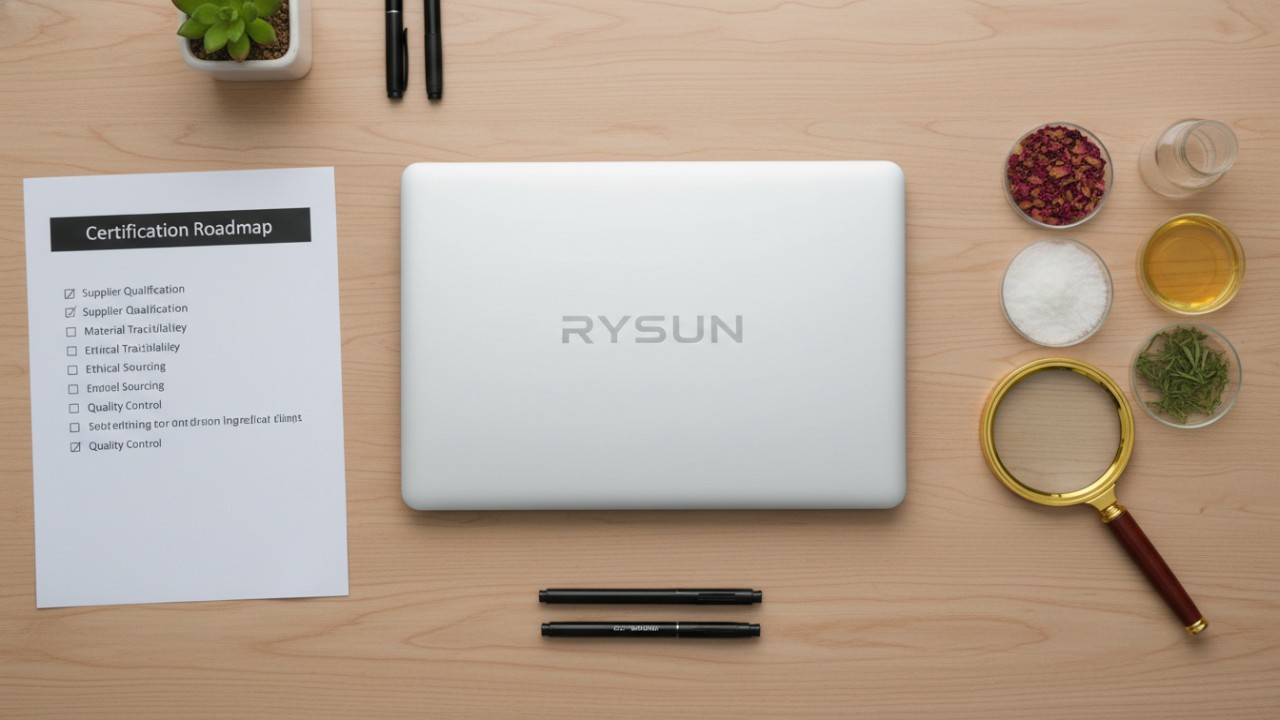 Организованное рабочее место с ноутбуком RYSUN и пошаговым руководством по сертификации в сфере косметической медицины.