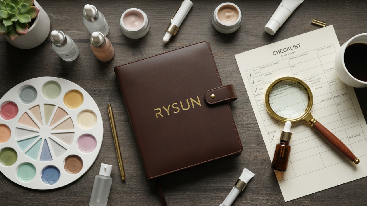An overhead view of a professional cosmetic development workspace featuring a gold-embossed RYSUN planner and product prototypes.