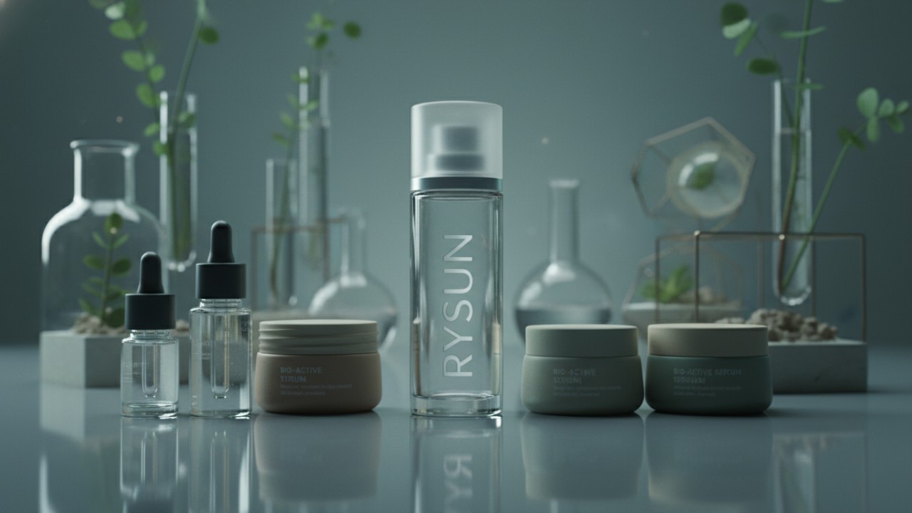 Modern cosmetic bottles and jars for 2026 with the brand RYSUN displayed on a sleek surface.