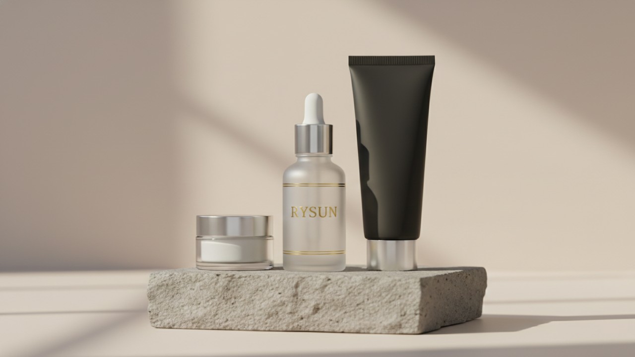 Premium private label cosmetics packaging featuring various bottles and tubes with the RYSUN brand name