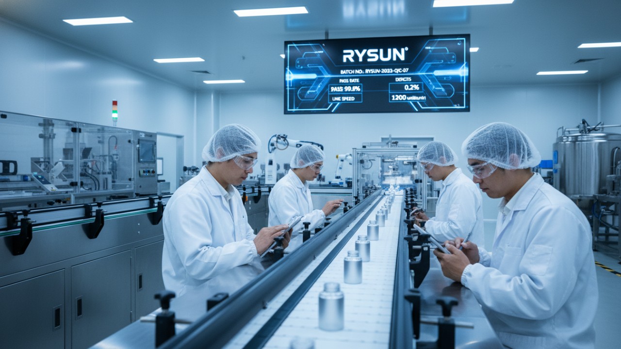 Workers in a manufacturing facility inspecting products on a conveyor belt with the RYSUN brand name visible on a digital screen